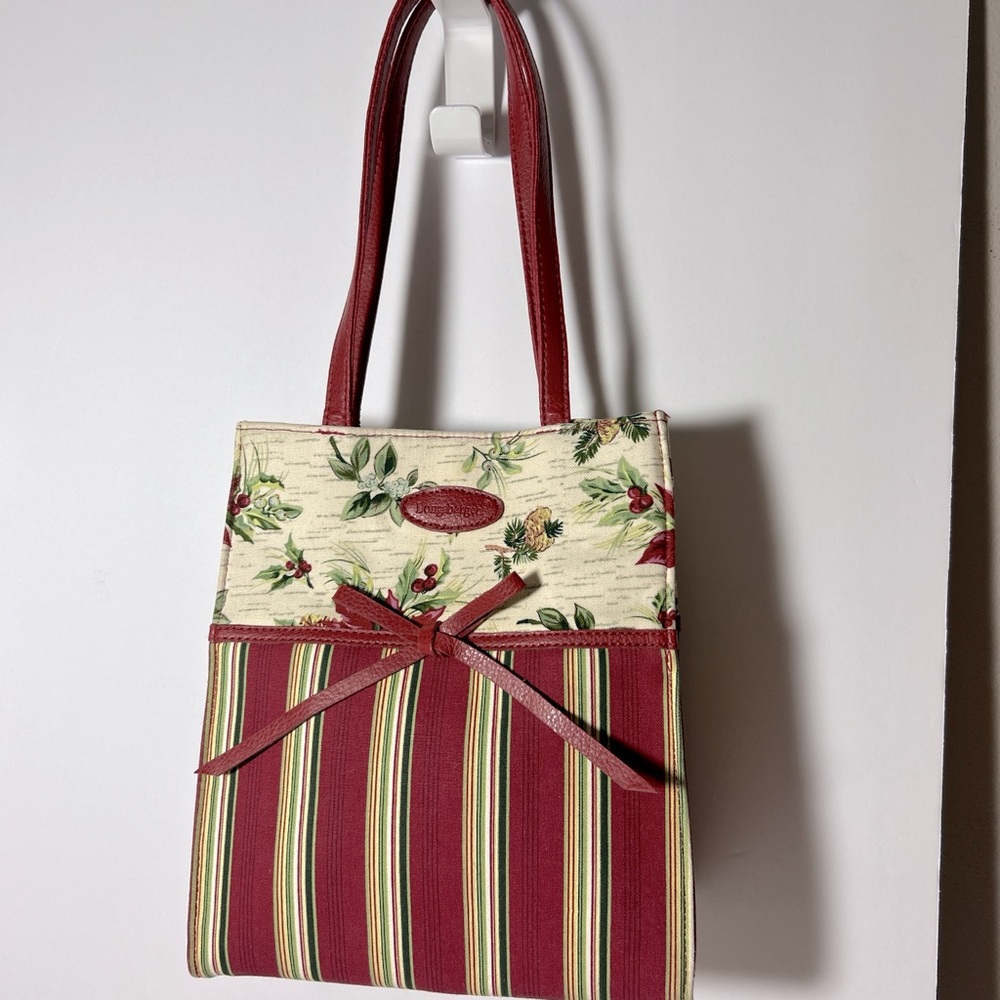 Longaberger Floral Striped Mini Tote Bag - Red and Cream Holly